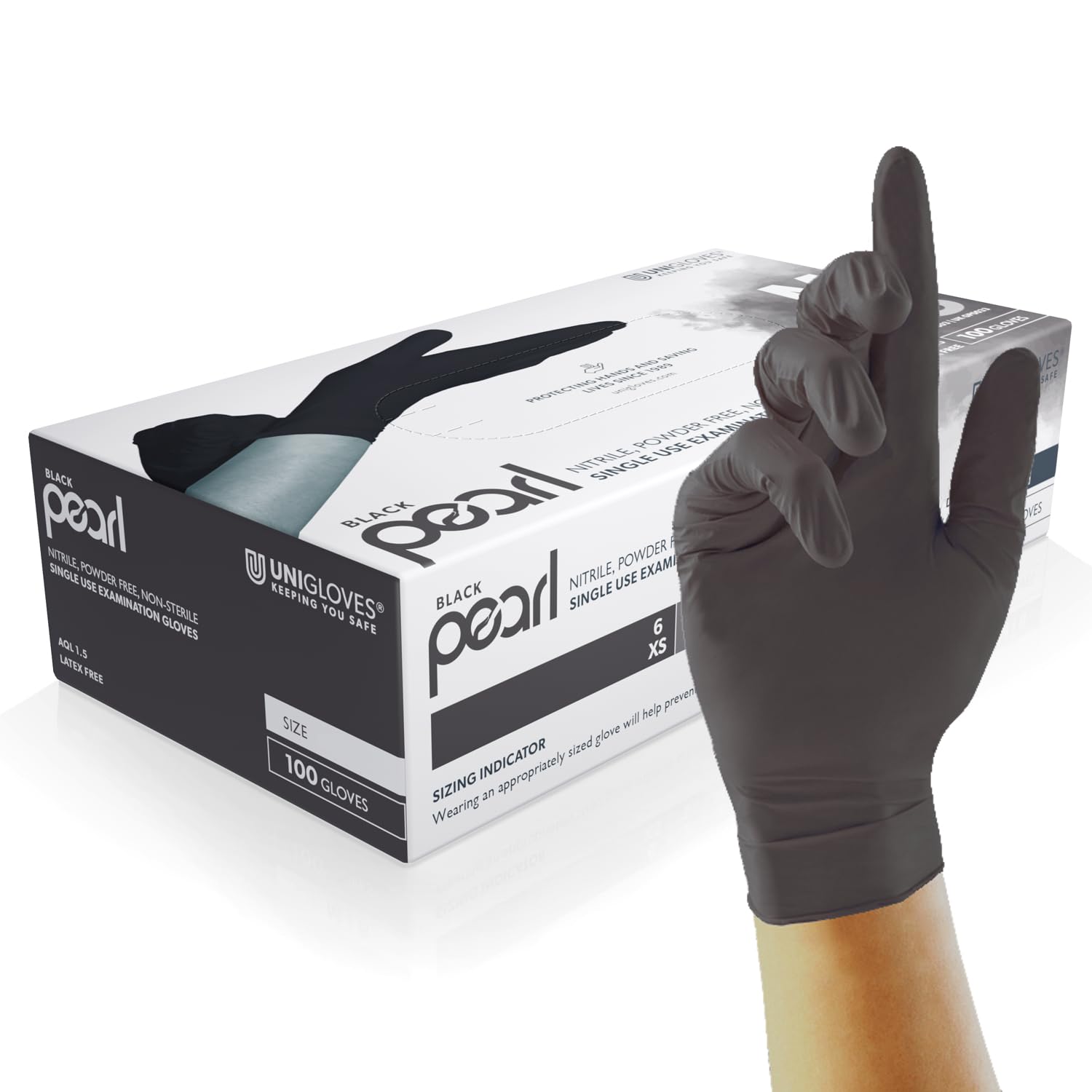 Unigloves Black Pearl Nitrile Examination Gloves - Multipurpose, Powder Free and Latex Free Disposable Gloves - Box of 100 Gloves, Black, Medium (GP0033)