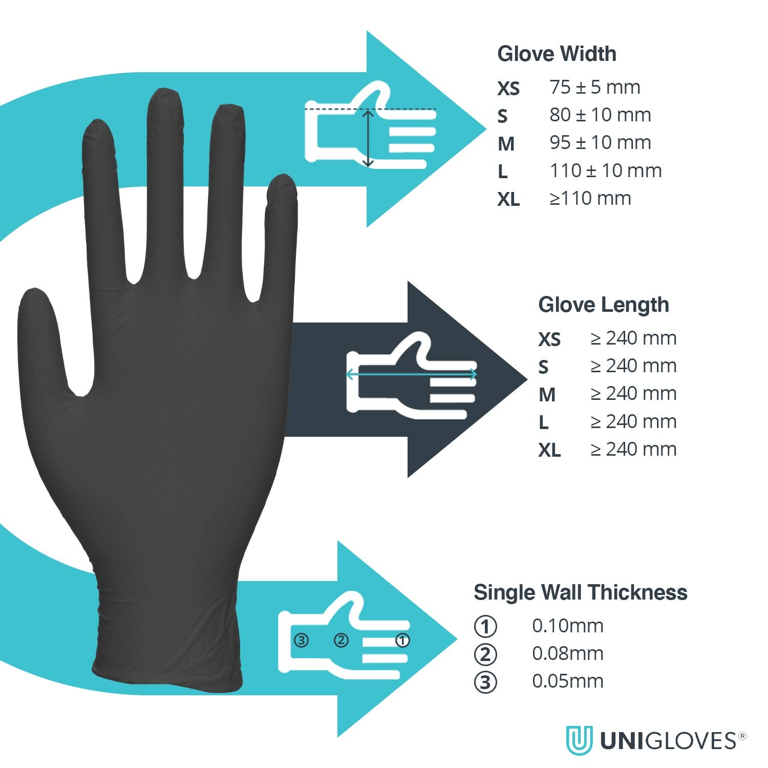 Unigloves Black Pearl Nitrile Examination Gloves - Multipurpose, Powder Free and Latex Free Disposable Gloves - Box of 100 Gloves, Black, Large (GP0034)