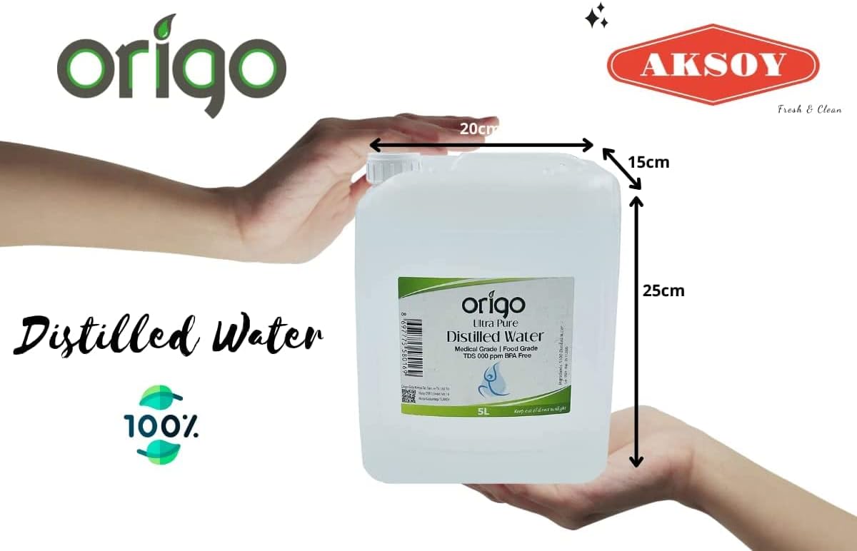 Origo Distilled Water - 100% Ultra Pure Water 5L | Advanced Purification Technology, Ultra Pure Water for Laboratory, Battery, Steam Iron, and General Everyday Use!