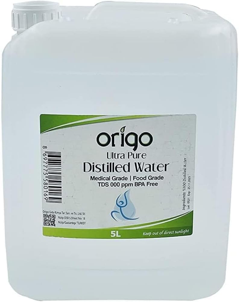 Origo Distilled Water - 100% Ultra Pure Water 5L | Advanced Purification Technology, Ultra Pure Water for Laboratory, Battery, Steam Iron, and General Everyday Use!