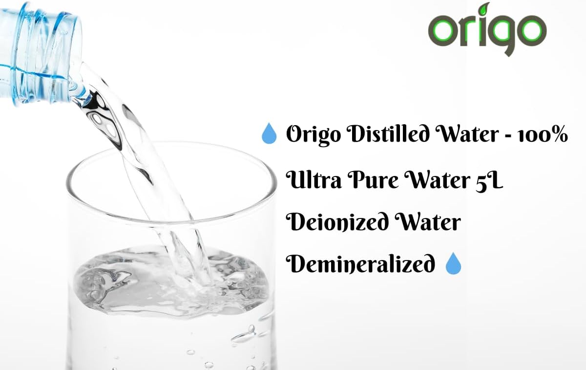 Origo Distilled Water - 100% Ultra Pure Water 5L | Advanced Purification Technology, Ultra Pure Water for Laboratory, Battery, Steam Iron, and General Everyday Use!