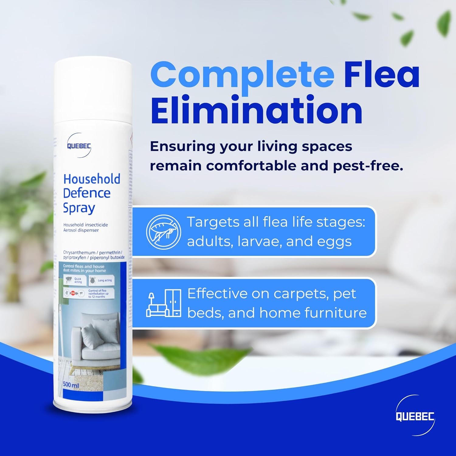 Quebec Household Flea Spray for The Home - Control of Fleas, Dust Mites – Home Gard Flea - Use on Carpets & Home Furniture - Active on Adult Fleas, Larvae & Eggs - 500ML