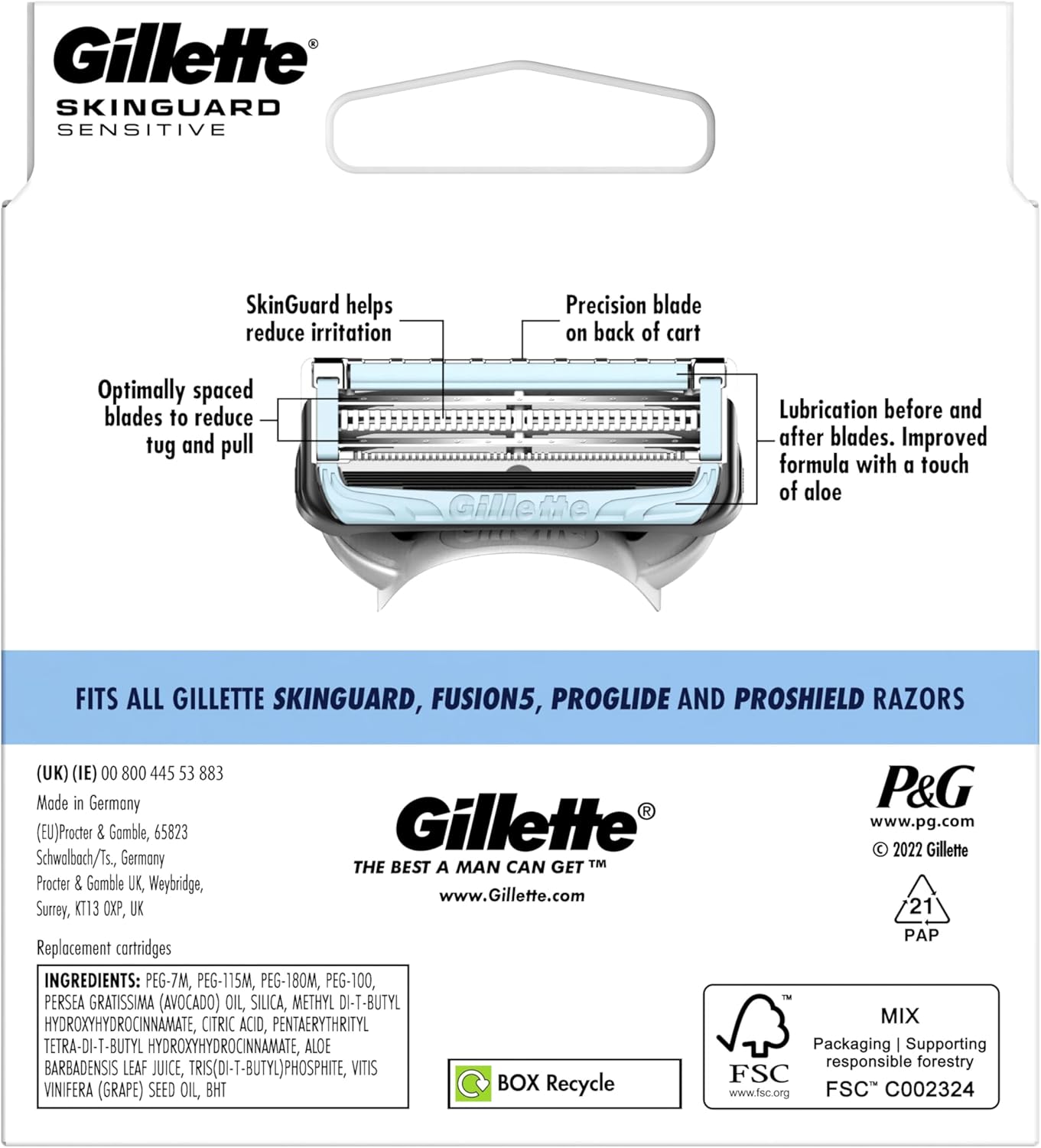 Gillette SkinGuard Sensitive Razor Blades Men, Gillette Razors for Men, Pack of 8 Razor Blade Refills with Precision Trimmer, Fits All Skinguard ProGlide ProShield and Fusion5 Handles, Men's Razors