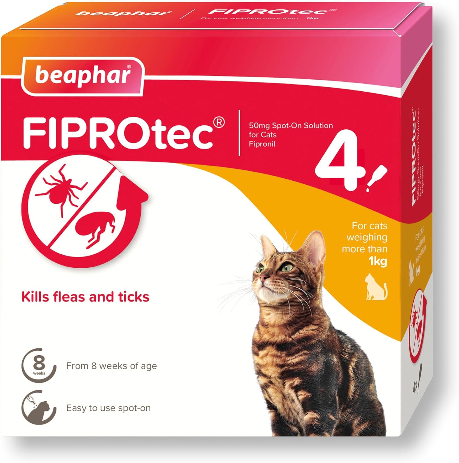 Beaphar - FIPROtec Spot-On - Kills Fleas & Ticks - Vet Strength Treatment - Easy to Apply - Suitable for Cats & Kittens from 8 Weeks of Age, Weighing more than 1kg - 4 Pipettes