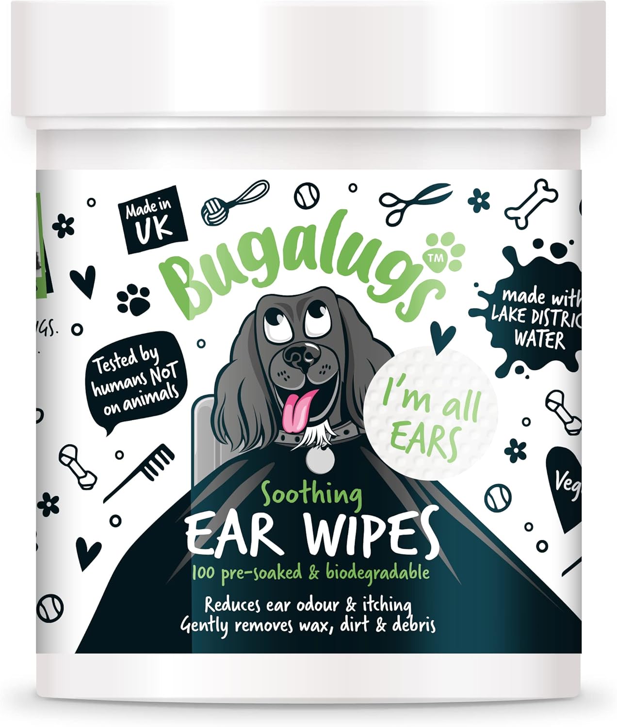 BUGALUGS Dog Ear Cleaner Dog Wipes 100 Biodegradable textured pre-soaked dog ear wipes. Pet Wipes Dog Ear Cleaner Solution Stops Head Shaking, Itching & Waxy Ears