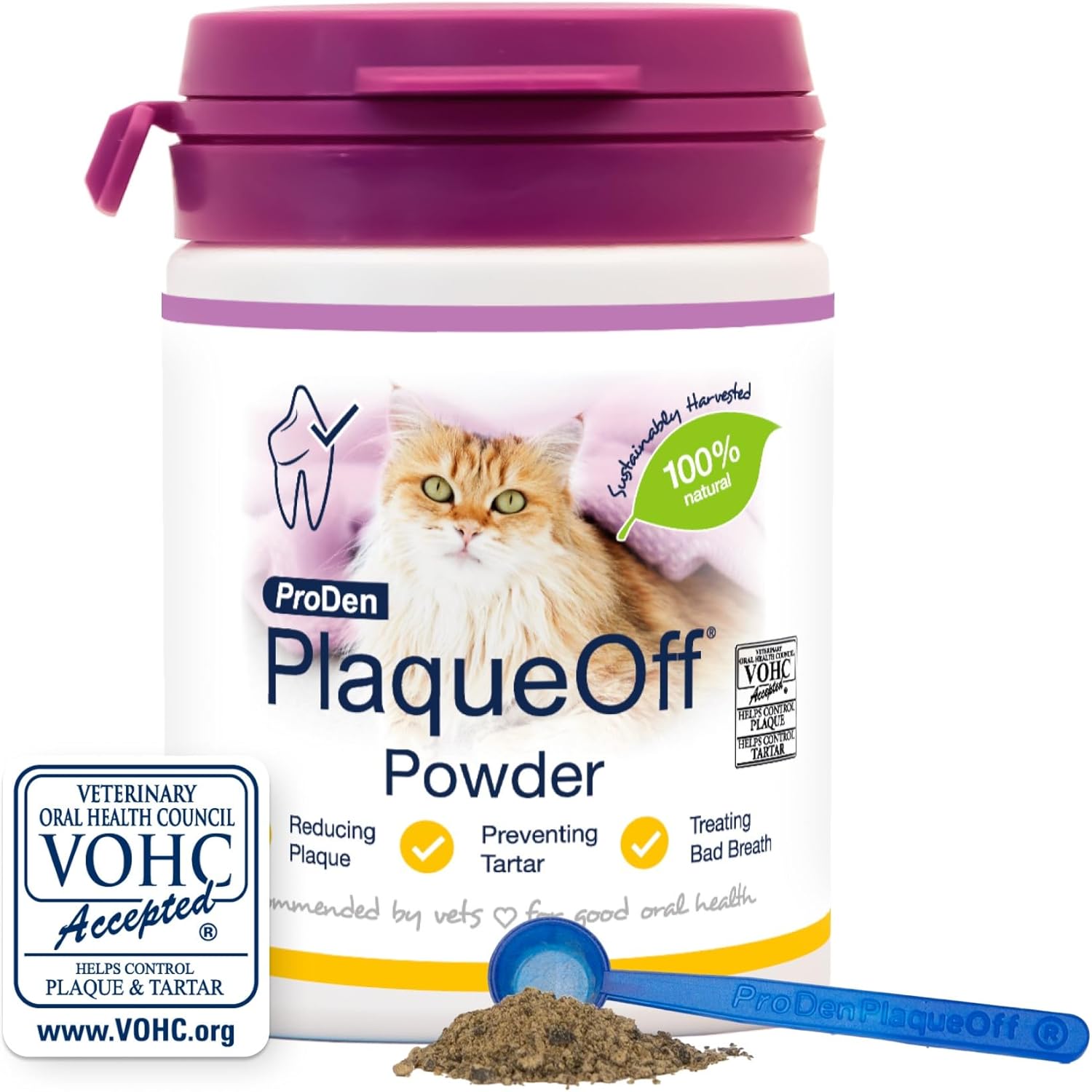 ProDen Plague Off Powder for Cats, 100% Natural Tooth Care Powder, Protects Against Bad Breath, Helps with Tartar and Plaque, Pack of 1 - 40g