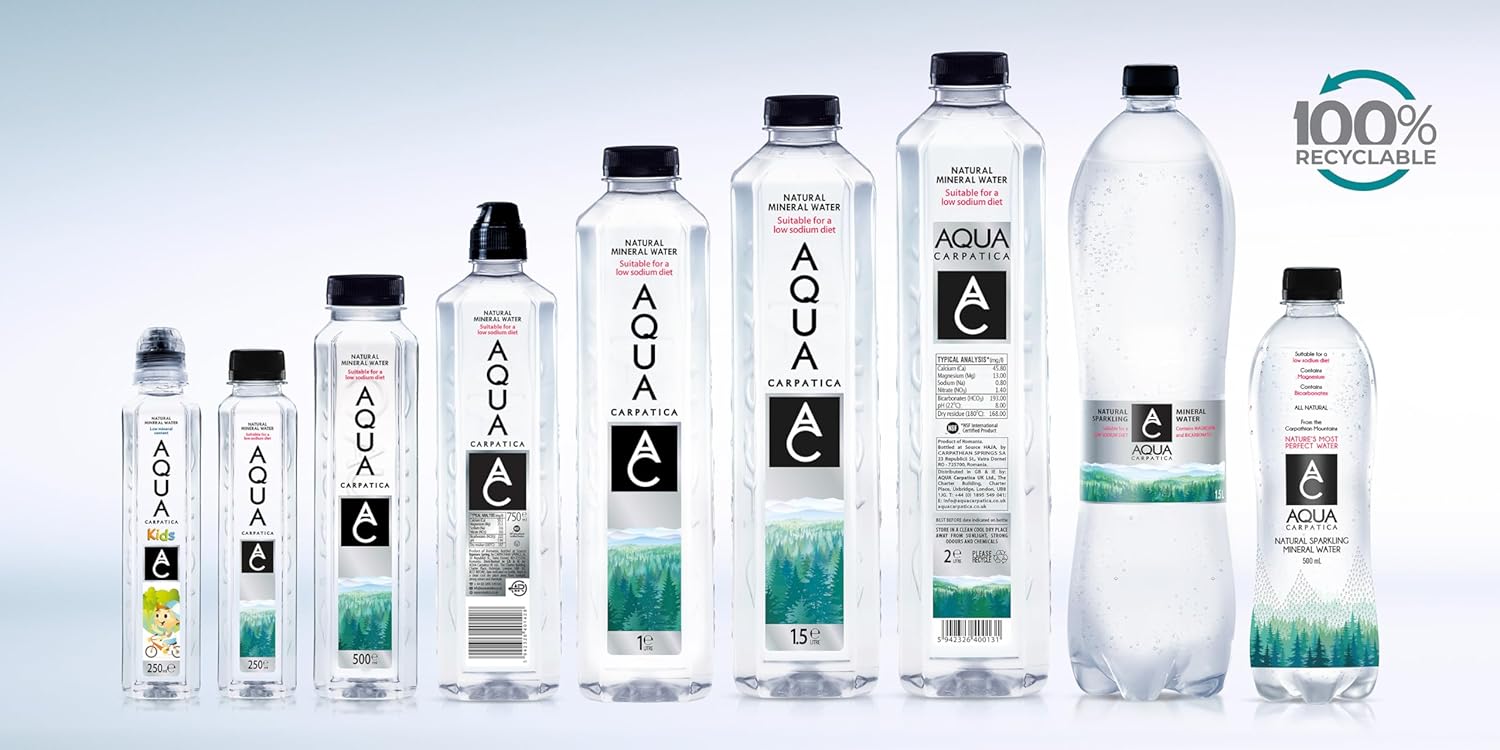 AQUA Carpatica 1L x 6 Pure Natural Still Mineral Water - 6-Pack Bottled Water, Virtually Nitrate Free, Low Sodium, Naturally Alkaline, Natural Electrolytes, Premium Multipack 100% Recyclable