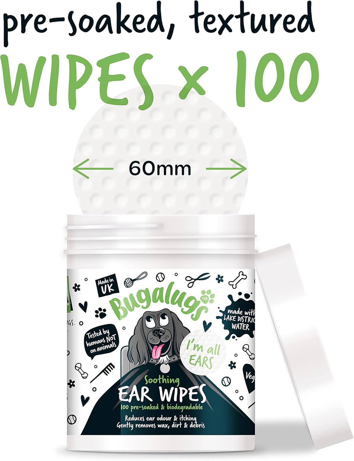 BUGALUGS Dog Ear Cleaner Dog Wipes 100 Biodegradable textured pre-soaked dog ear wipes. Pet Wipes Dog Ear Cleaner Solution Stops Head Shaking, Itching & Waxy Ears