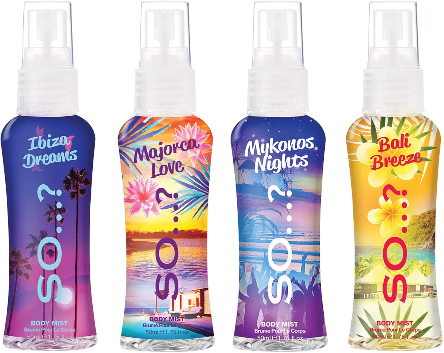 So…? Escapes Womens Gift Set, with Ibiza Dream, Bali Breeze, Mykonos Nights & Majorca Love, Fragrance Spray Set (4 x 50ml)