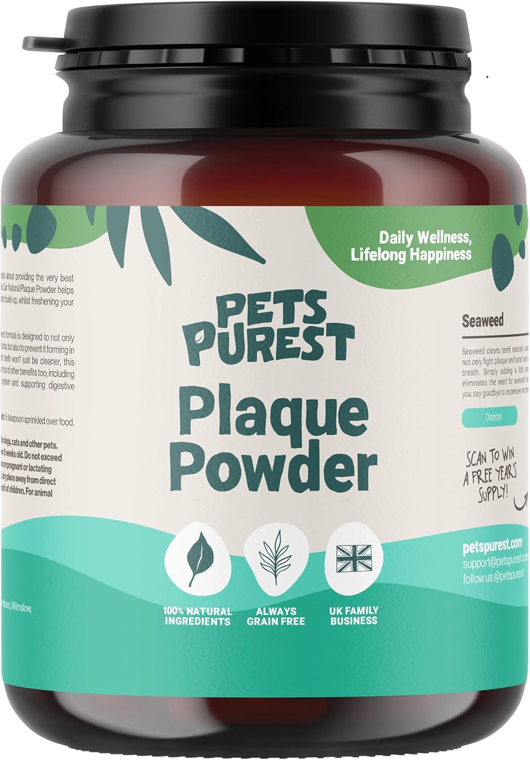 Pets Purest Plaque Off Powder - 185g Plaque Pro Tartar & Plaque Remover for Dogs, Cats & Pet. 100% Natural Bad Breath, Teeth & Gum Disease Oral Health Hygiene Dental Care Formula