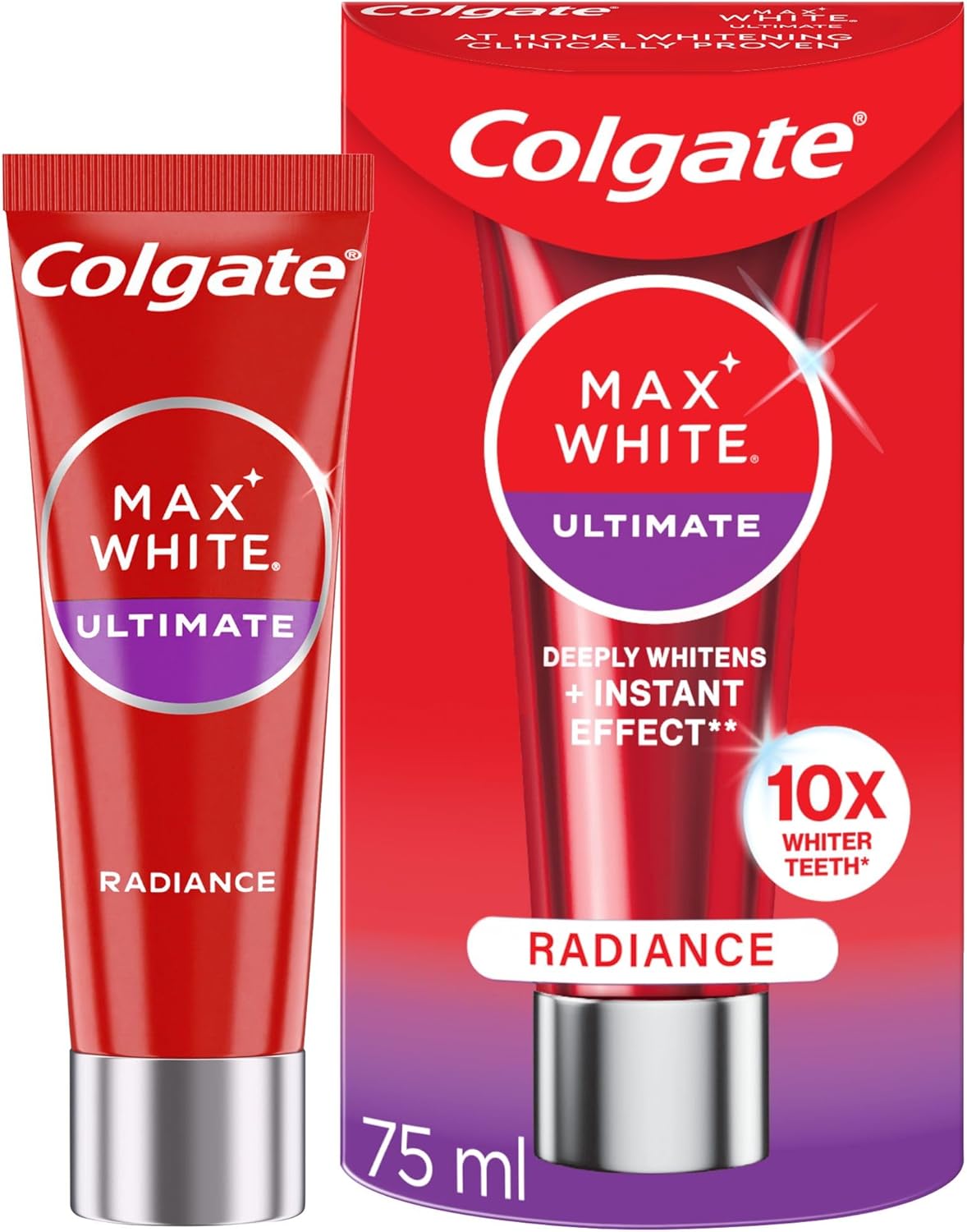 Colgate Max White Ultimate Radiance Whitening Toothpaste 75ml - 10X whiter teeth* - Instant teeth whitening toothpaste^ - Deeply* whitens - Helps prevent future stains - Enamel safe for daily use