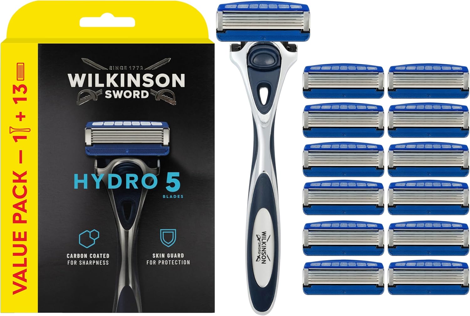 Wilkinson Sword Hydro 5 Men’s Razor, Great Addition to Wash Bags for Men's Grooming, Great Shavers for Routine Shaving, 1 Reusable Handle plus 13 Refill Blades Pack