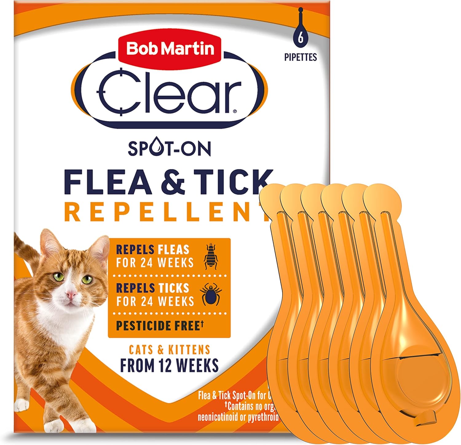 Bob Martin Clear Spot On Flea and Tick Repellent for Cats and Kittens - Pesticide-Free Protection (6 Pipettes)