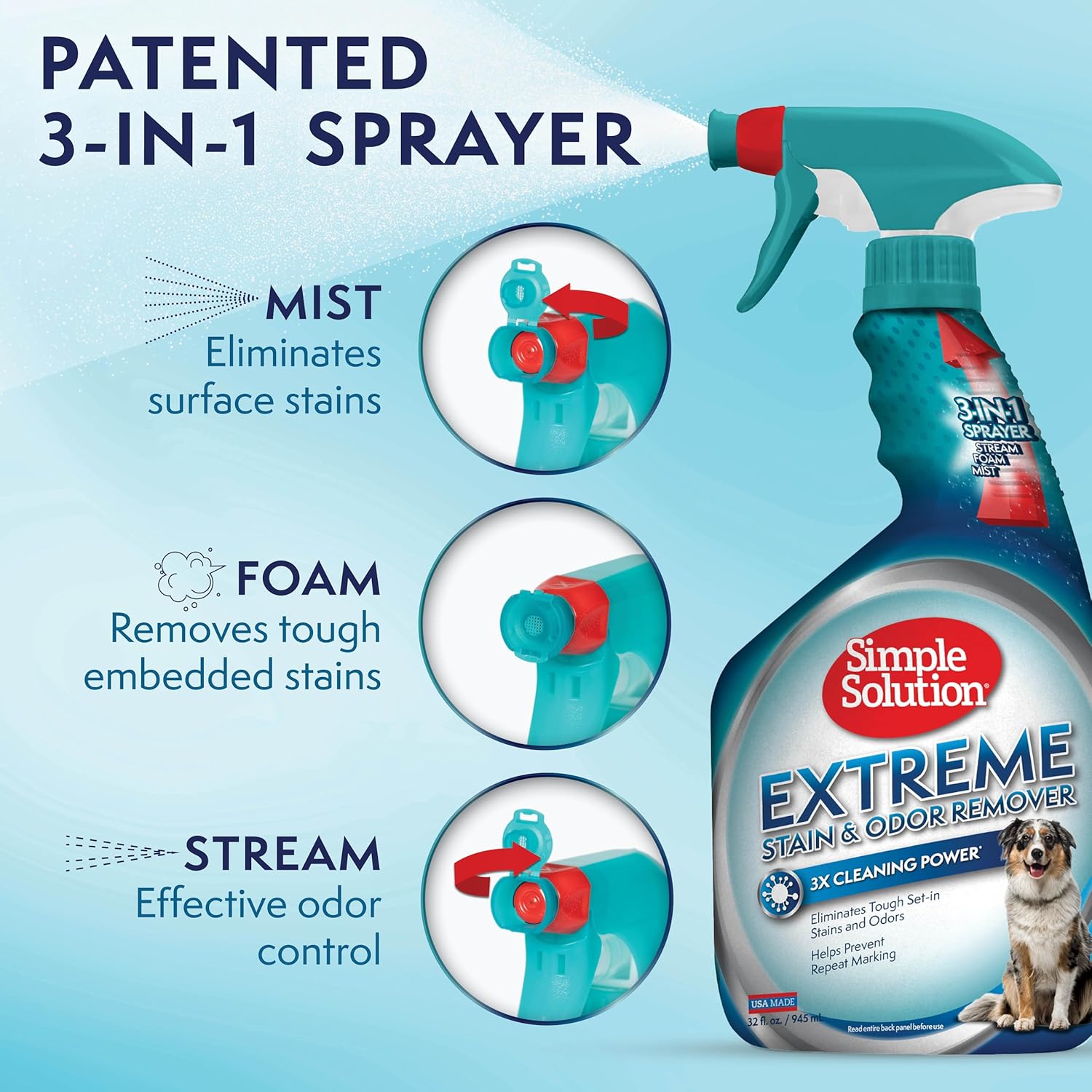 Simple Solution Extreme Pet Stain and Odour Remover, Enzymatic Cleaner with 3X Pro-Bacteria Cleaning Power - 945ml