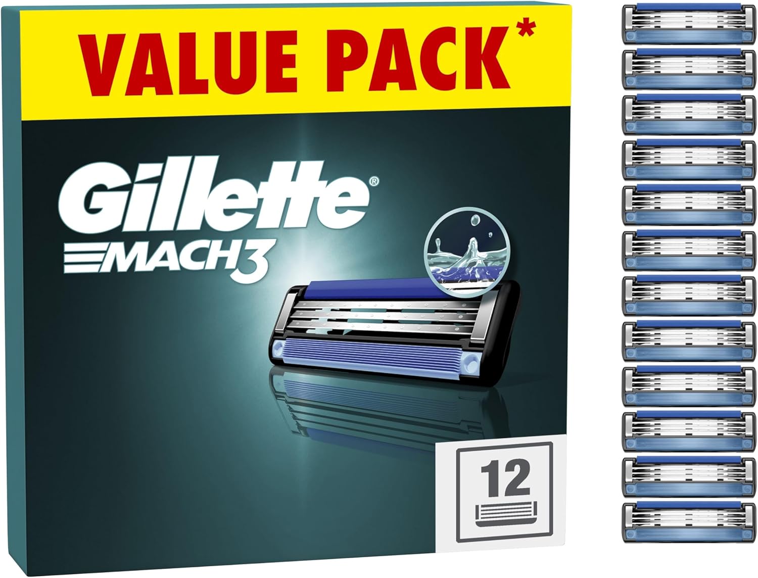 Gillette Mach3 Razor Blades Men, Pack of 12 Razor Blade Refills, Stronger Than Steel Blades, Enhanced Lubrastrip, XXL, Packaging May Vary