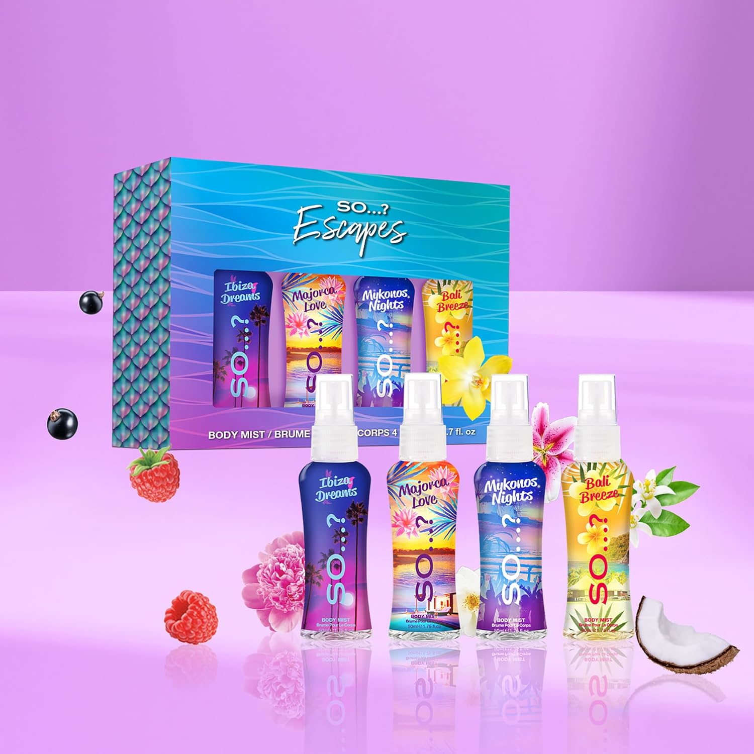 So…? Escapes Womens Gift Set, with Ibiza Dream, Bali Breeze, Mykonos Nights & Majorca Love, Fragrance Spray Set (4 x 50ml)