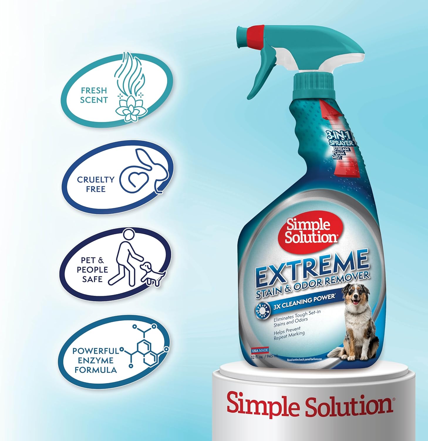 Simple Solution Extreme Pet Stain and Odour Remover, Enzymatic Cleaner with 3X Pro-Bacteria Cleaning Power - 945ml