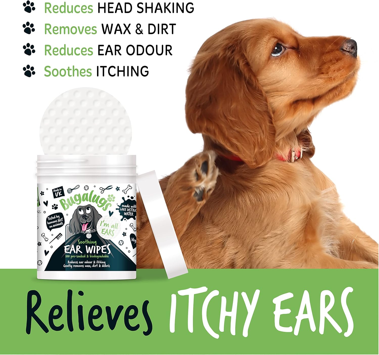 BUGALUGS Dog Ear Cleaner Dog Wipes 100 Biodegradable textured pre-soaked dog ear wipes. Pet Wipes Dog Ear Cleaner Solution Stops Head Shaking, Itching & Waxy Ears