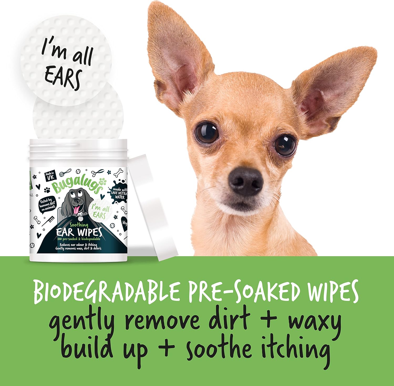 BUGALUGS Dog Ear Cleaner Dog Wipes 100 Biodegradable textured pre-soaked dog ear wipes. Pet Wipes Dog Ear Cleaner Solution Stops Head Shaking, Itching & Waxy Ears