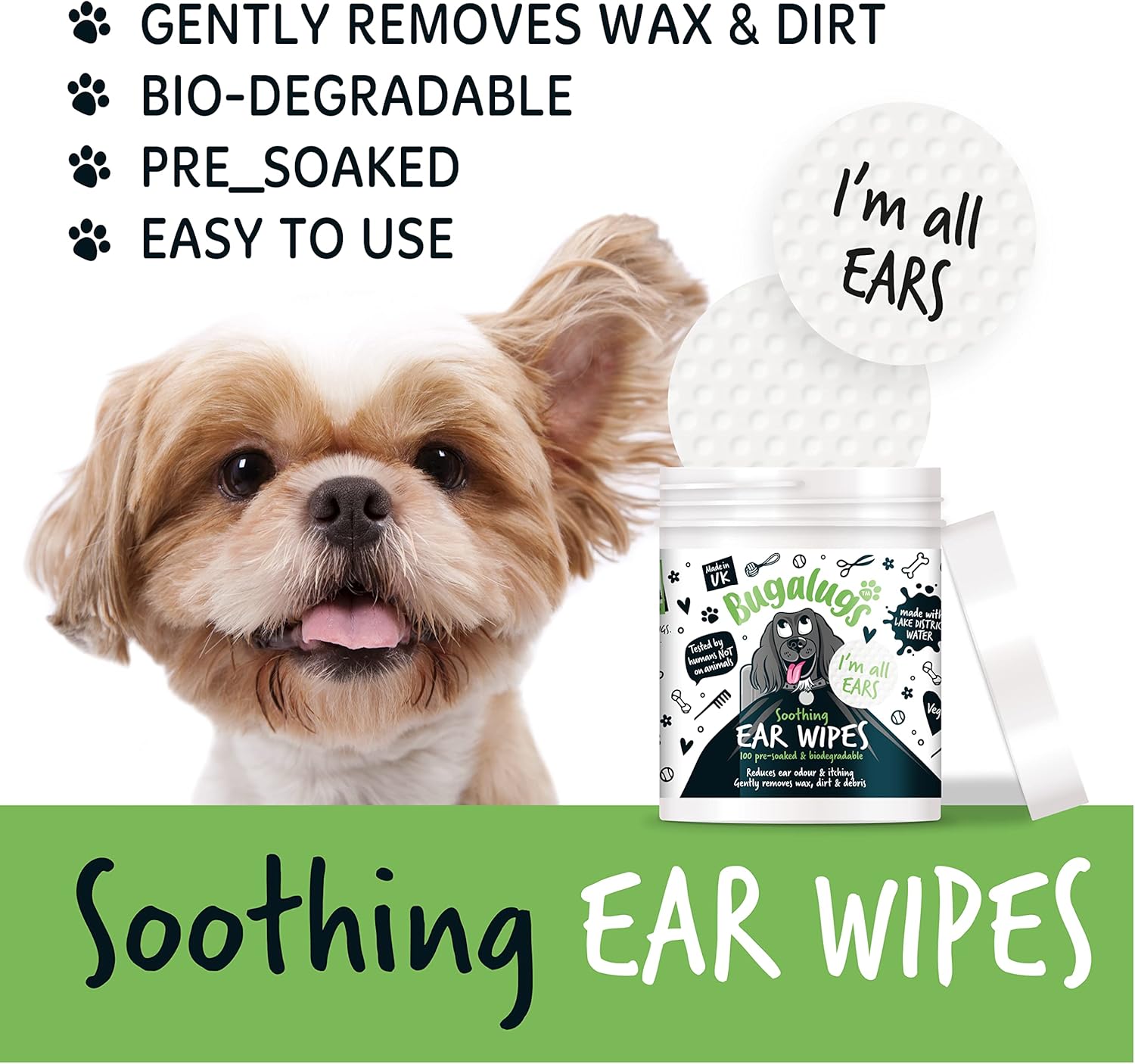 BUGALUGS Dog Ear Cleaner Dog Wipes 100 Biodegradable textured pre-soaked dog ear wipes. Pet Wipes Dog Ear Cleaner Solution Stops Head Shaking, Itching & Waxy Ears