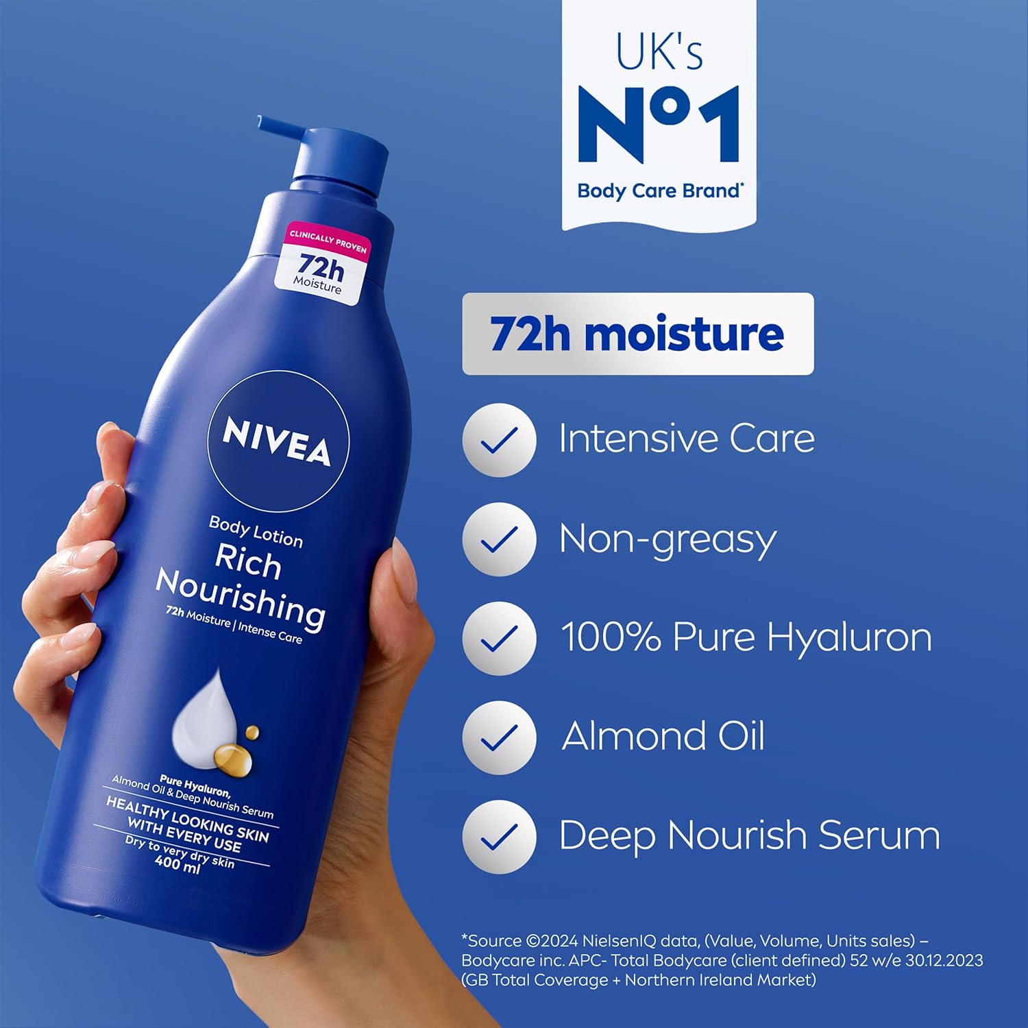 NIVEA Rich Nourishing Body Lotion (400ml), Rich 72H Hydration NIVEA Moisturiser for Dry Skin Made with Deep Moisture Serum and Almond Oil, Intensive Hydration NIVEA Body Lotion, Pack of 1