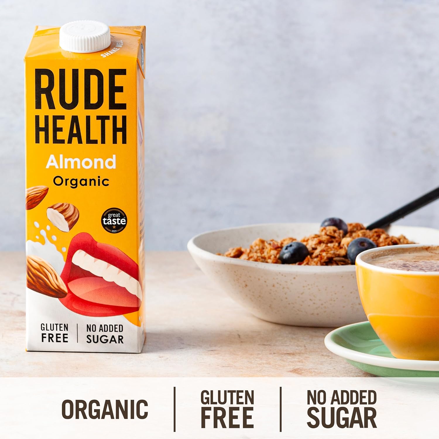 Rude Health 6 x 1 Litre Organic Almond Dairy-Alt Milk, 100% Natural Organic Drink, Lactose Free, Dairy Free & Gluten-Free, No Added Sugar, Award-Winning, Healthy & Vegan, 100% Recyclable Packaging