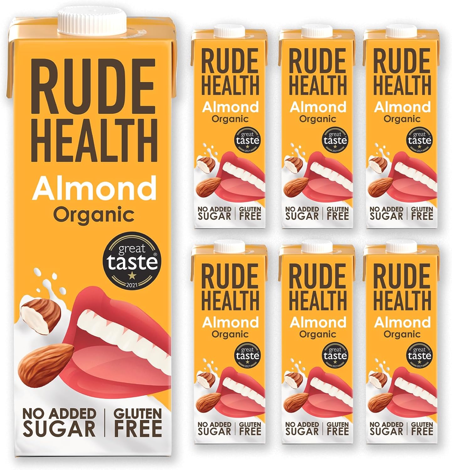 Rude Health 6 x 1 Litre Organic Almond Dairy-Alt Milk, 100% Natural Organic Drink, Lactose Free, Dairy Free & Gluten-Free, No Added Sugar, Award-Winning, Healthy & Vegan, 100% Recyclable Packaging